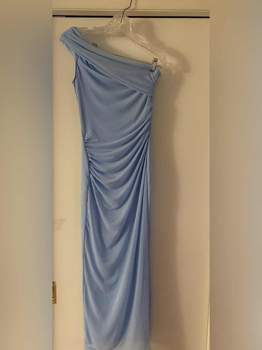 New- Small Pretty Garden wedding guest One-Shoulder Light Blue Ruched Evening